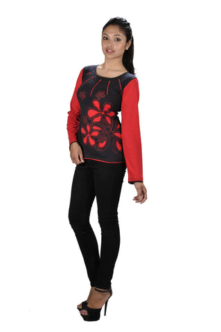 Flower Embroidery and Patch Red Tops - TATTOPANI