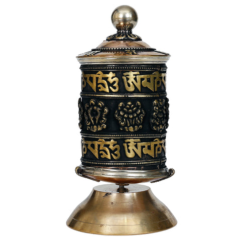Tibetan Table Top Copper Brass 8 Lucky Symbols Prayer Wheel- 13cm