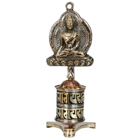 Tibetan Table Top Copper Brass Prayer Wheel With Sitting Buddha Frame