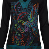 Women's Long Sleeved V- Neck Design Tops With Front Bird Embroidery