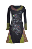 Ladies Long Sleeved Dress with Neckline Embroidery and Patch Design