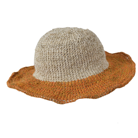 Orange Wide Brim Knitted Summer Crochet Hemp Cotton Mix Hat.