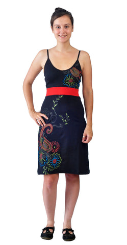 Strap Dress With Red Waist Band & Floral Embroidery. - craze-trade-limited