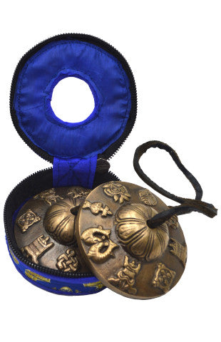 Tibetan Buddhist Hand Bells Tingsha with Craved Dharma Objects "8 Lucky Symbols"- (TING-8SGN-MID) - craze-trade-limited