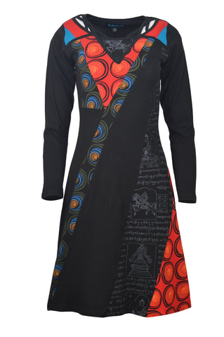 Long Sleeve Mantra & Circle Print Dress