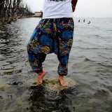 Women Boho Harem Pants Loose Oversized Cotton Linen Streetwear Hip Hop Dance Trousers Ethnic Print Hippie Pants