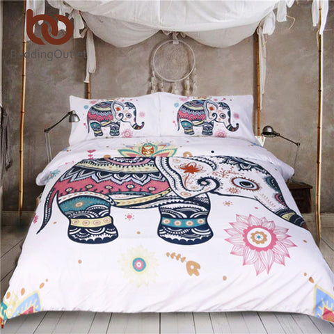 BeddingOutlet 3 Pcs Rainbow Mandala Elephant Duvet Cover Set Bohemian Indian Pastel Floral Bed Set Hippie Gypsy Bedding Queen - craze-trade-limited